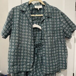 THE GREAT. Teal and White Floral Top and Shorts